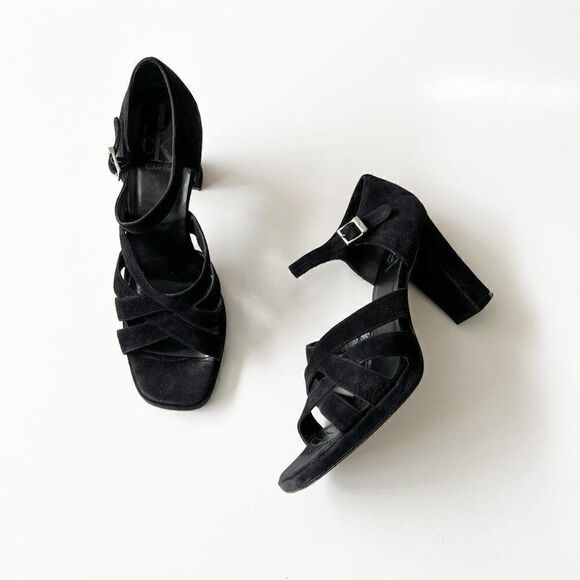 Vintage 90s Square Toe‎ Formal Strappy Sandals Calvin Klein Black Suede Size 10 - Picture 1 of 8